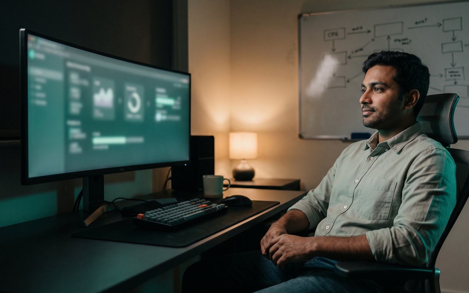 An engineer watching an automated workflow run, a whiteboard of steps behind