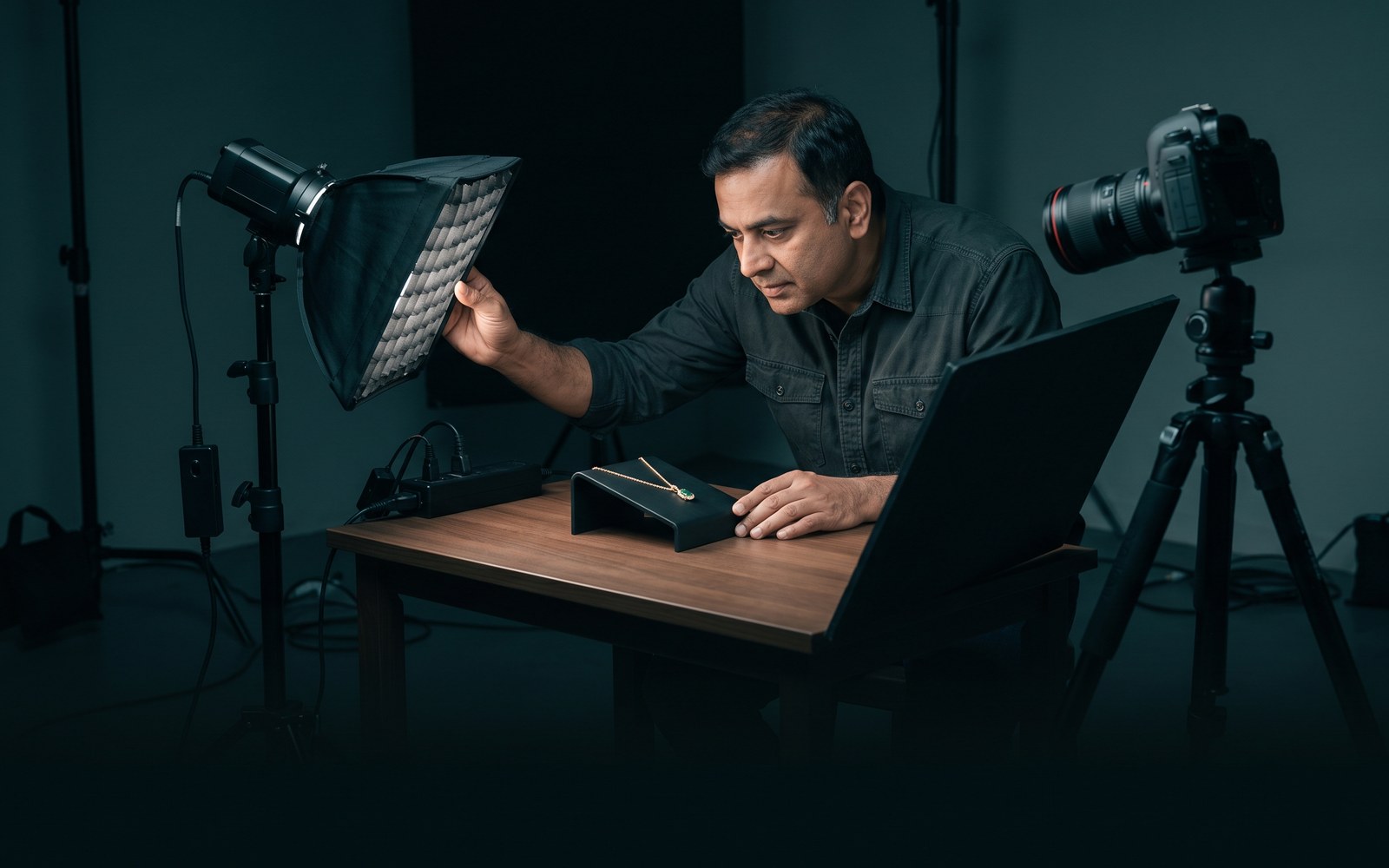 A photographer adjusting a softbox over a jewellery piece on a lit set