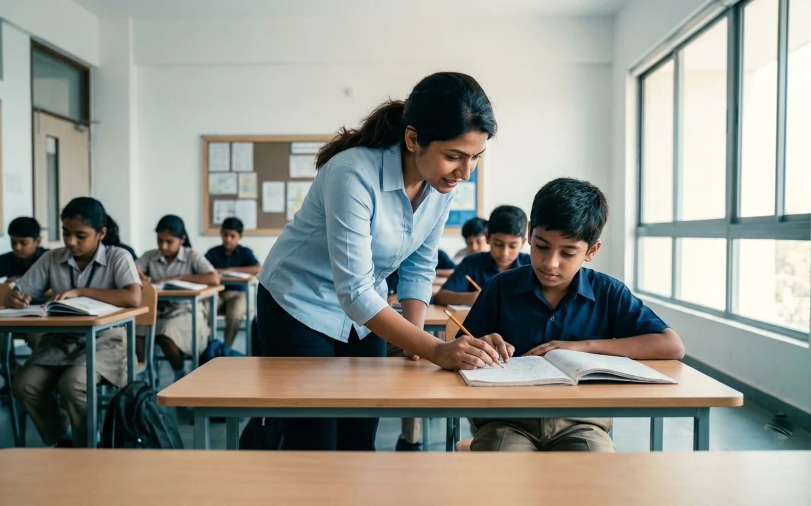 A teacher leaning over a desk to help a student with his notebook in a bright classroom