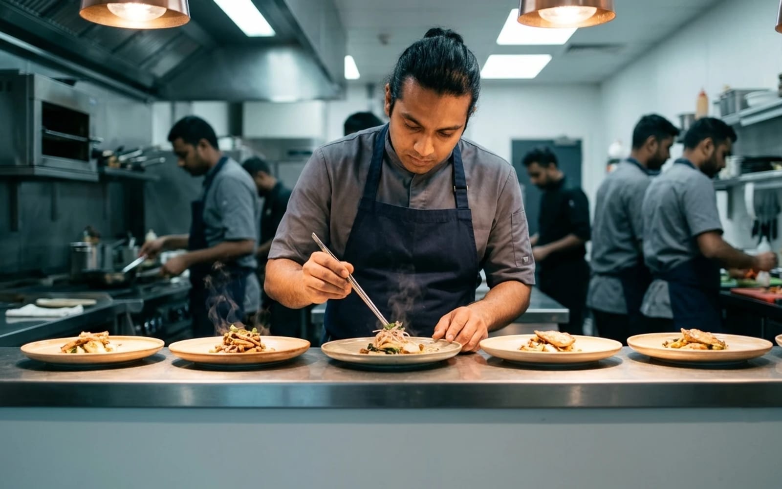 A chef in a dark apron plating a dish at the pass of a busy restaurant kitchen, a row of finished plates in front of them