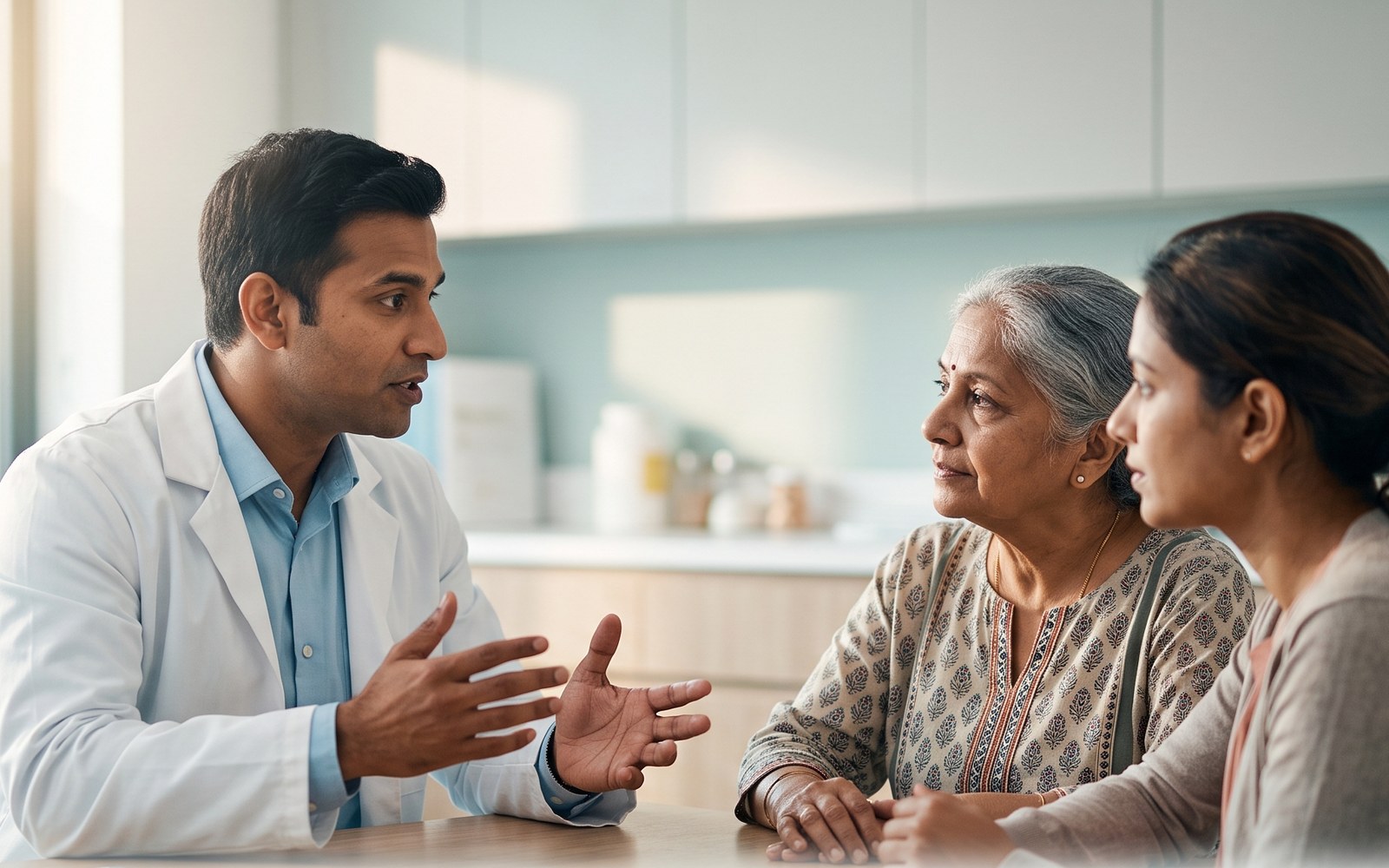 A doctor explaining a diagnosis to a patient and her daughter across a consulting-room desk