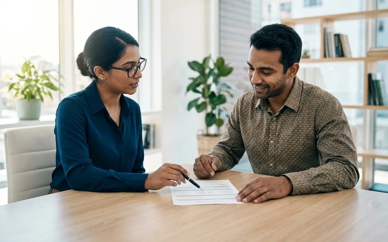 A loan officer going through a printed application with a small business owner across a bright desk