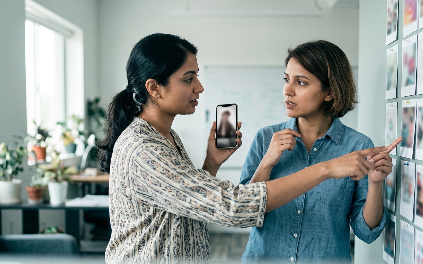 Two content team members reviewing a wall of printed social posts, one holding a phone