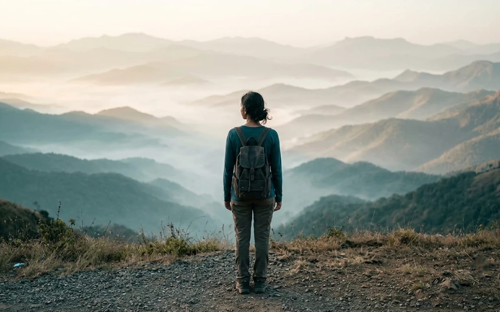 A traveller with a backpack seen from behind, looking out over misty layered mountains at sunrise