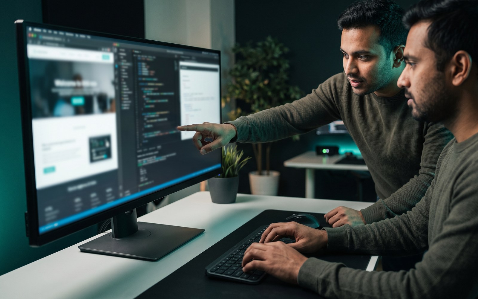 Two engineers working through a problem on a large monitor together